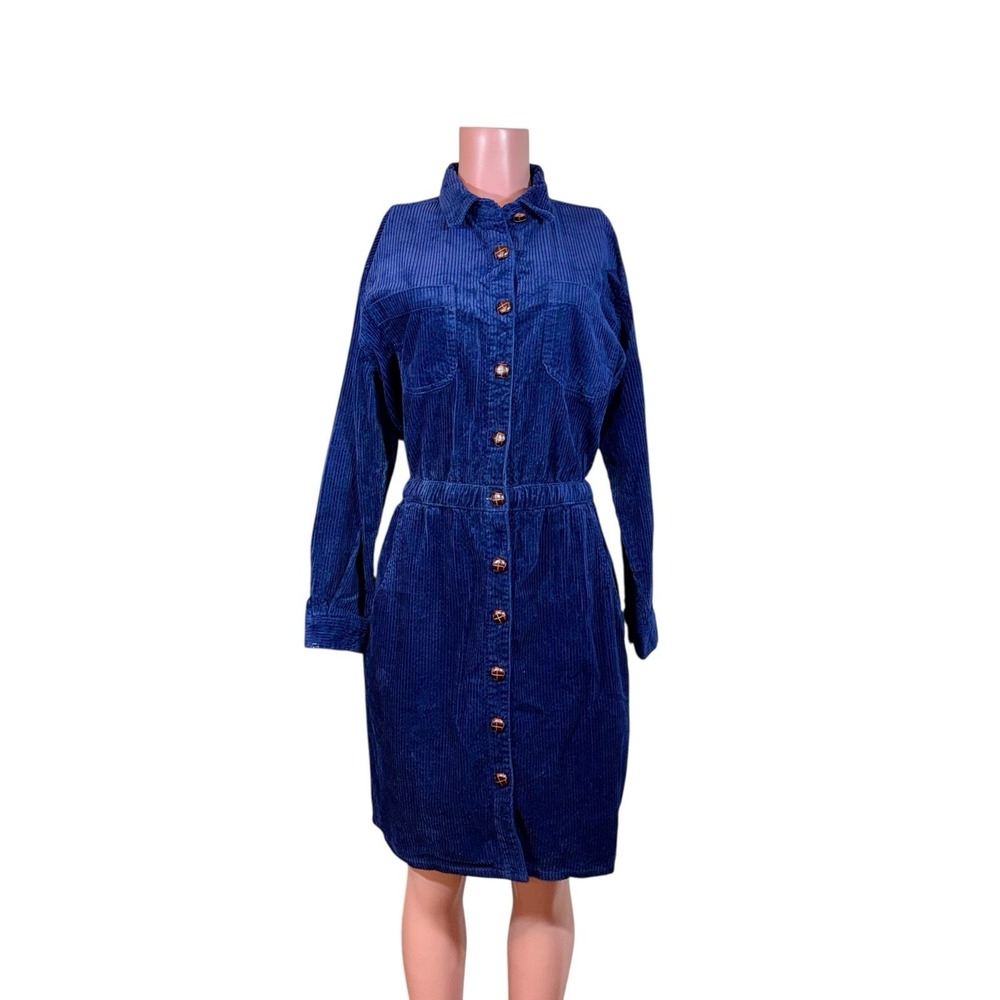 VTG FADS Corduroy Shirt Dress Womens LG Oxford Collared Leather Button LS Navy